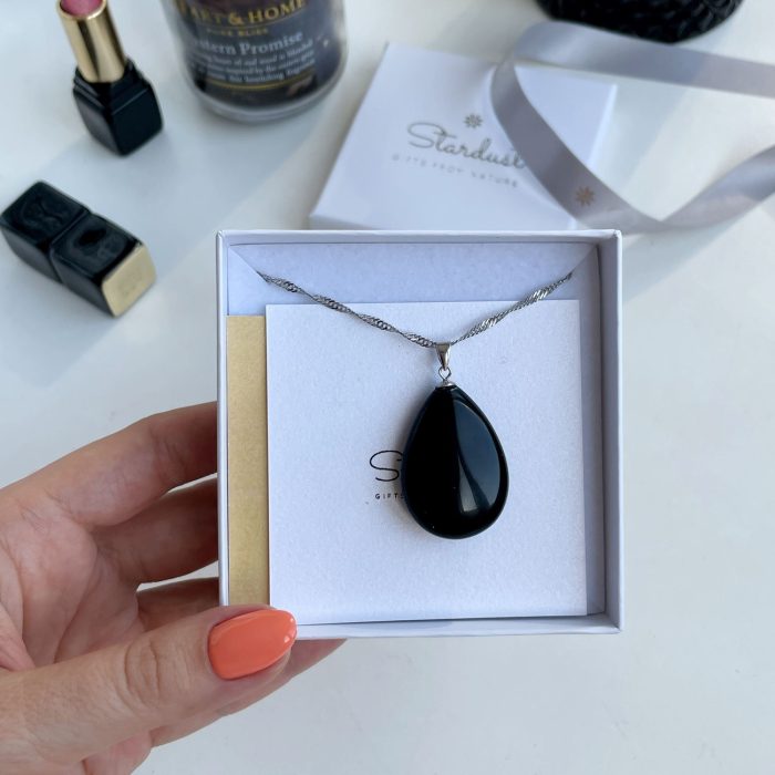 "Protective" stone - Genuine Glossy Jet Black Obsidian drop pendant 3cm - clean design pendant for women