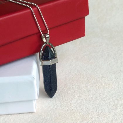 “Healing” Blue Sand Goldstone Hexagonal Prism Pendant necklace - natural gemstone jewelry Small
