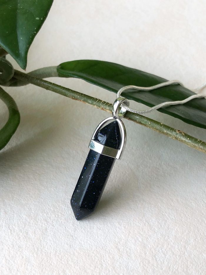 “Healing” Blue Sand Goldstone Hexagonal Prism Pendant necklace - natural gemstone jewelry Small