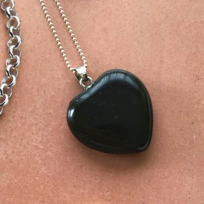 “Protective love” gemstone Heart-Shaped Jet Black Obsidian Pendant - medium size, woman