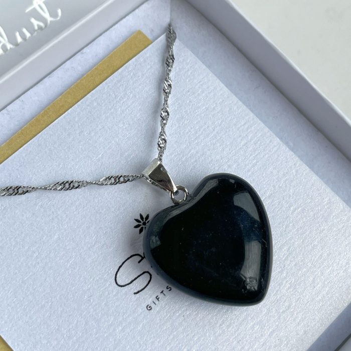 “Protective love” gemstone Heart-Shaped Jet Black Obsidian Pendant - medium size, woman