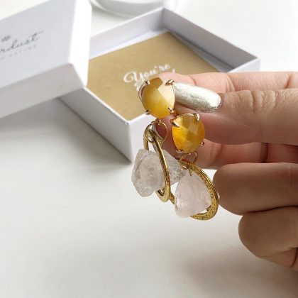 “Boho Chic” Raw Clear Quartz - gold circle earrings, summer jewelry