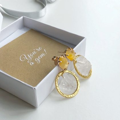 “Boho Chic” Raw Clear Quartz - gold circle earrings, summer jewelry