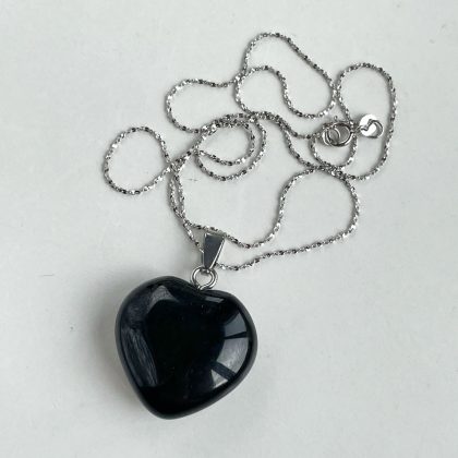 Jet Black Obsidian heart pendant silver