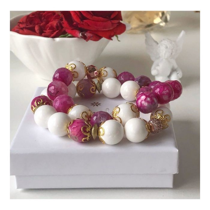 "Inner energy" stone 10mm White and Pink Agate bracelet featured with gold copper and zircons