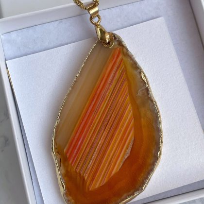 Orange Agate slice pendant gold chain