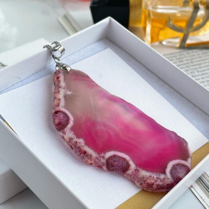 "Inner stability" Magenta Pink Agate Slice Necklace Dainty Boho Gift For Her Plated - big natural stone