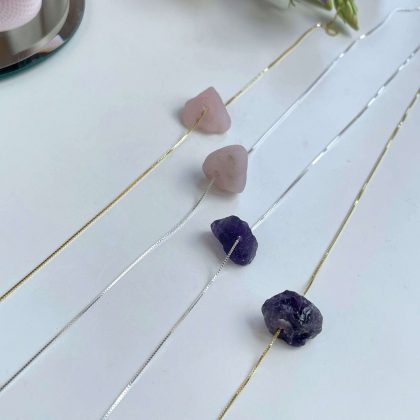 "Calm" natural gemstone - Raw Rose Quartz Necklace Pendant, rough rose quartz, layering necklace Silver or gold Chain