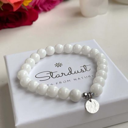 "Purity" stone 8mm White Agate bracelet with Silver Hematite and tag - Woman