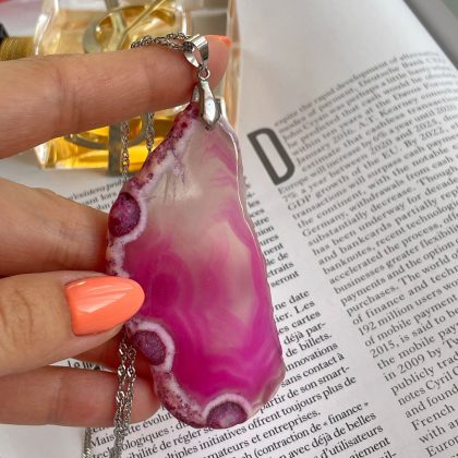 "Inner stability" Magenta Pink Agate Slice Necklace Dainty Boho Gift For Her Plated - big natural stone