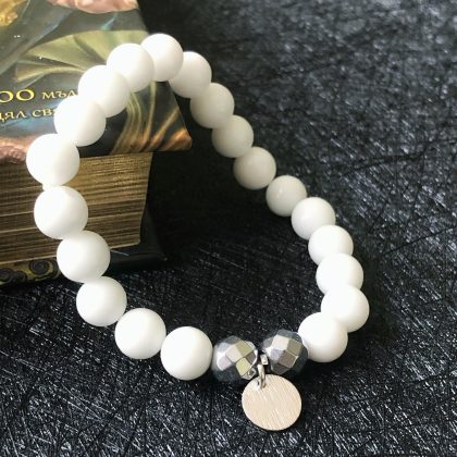 "Purity" stone 8mm White Agate bracelet with Silver Hematite and tag - Woman