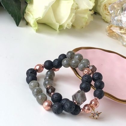 "Mystery" Double Labradorite and Lava stone bracelets with  Rose Gold accent