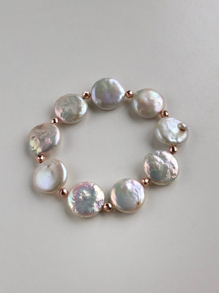 "True Elegance" 15mm Flat White Freshwater Pearl bracelet with Rose Gold Hematite Spacers - Woman
