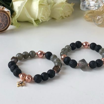 "Mystery" Double Labradorite and Lava stone bracelets with  Rose Gold accent