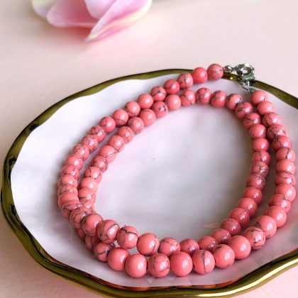 “Soothing energy” natural gemstone Pink Howlite Beaded Necklace for women, handmade jewelry from stones