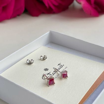 Passion Gemstone Pink Ruby Square Stud Earrings Sterling Silver VVS Grade Crystal gift for women