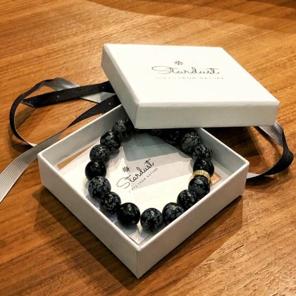 “Purity” stone Snowflake Obsidian 10mm Beaded Bracelet with gold accent - gift for men