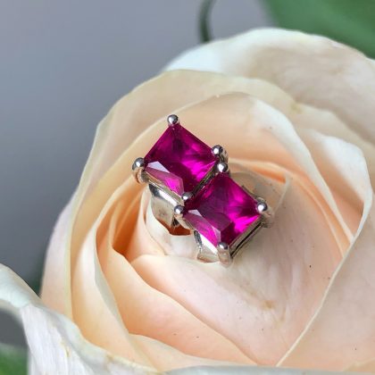Passion Gemstone Pink Ruby Square Stud Earrings Sterling Silver VVS Grade Crystal gift for women