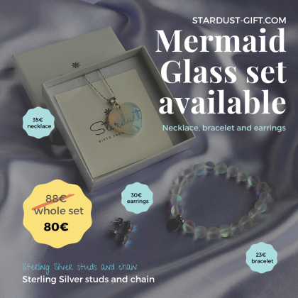 "Glowing" - Mermaid Glass Gift Set, Opalite jewelry for women, white matte bracelet, glowing heart pendant