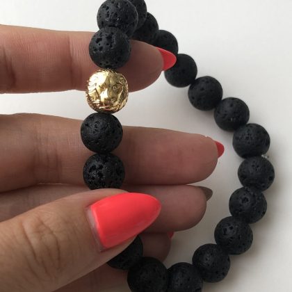 Black lava stone mens bracelet 14k gold Lion head bracelet Protection bracelet