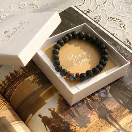 "Protection bracelet" Black lava stone mens bracelet with wood beads bracelet