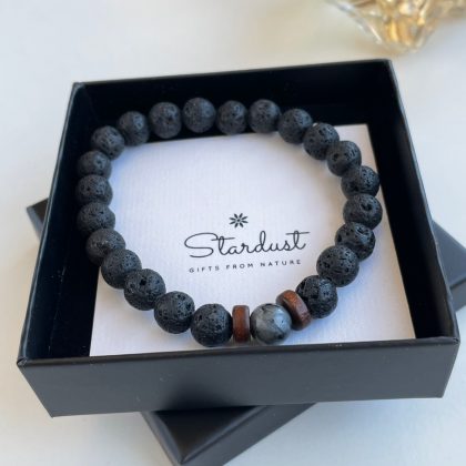 "Protection bracelet" Black lava stone mens bracelet with wood beads bracelet