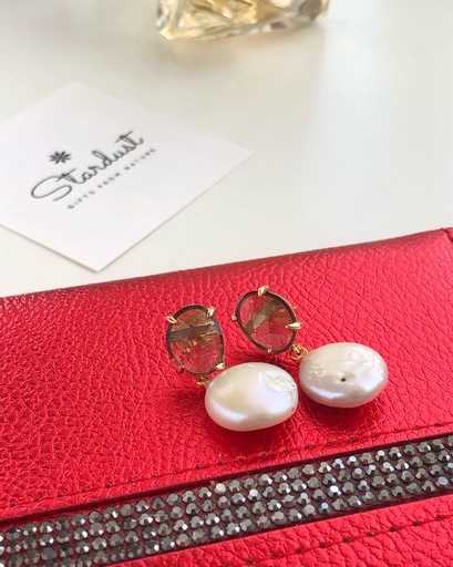 "True Elegance" 15mm Flat White Freshwater Pearl Earrings with smoky quartz crystal
