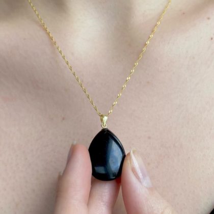 "Happiness" - Black Obsidian Drop Pendant, gold filled chain