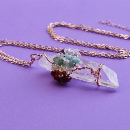 "Seven chakra" natural clear crystal - Seven Chakra Pendant - Rose gold Wire Wrapped Gemstone