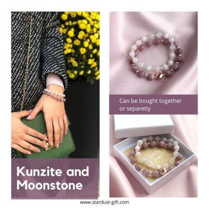 White Moonstone Bracelet 6mm with faced rose quartz for women