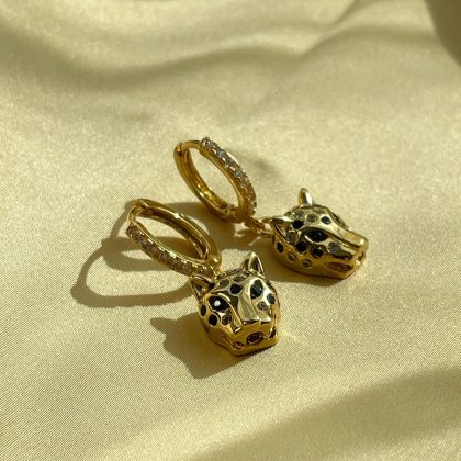 "Statement earrings" - Tiger Huggie Hoops, Green Zircons, Gold Hoop Earrings