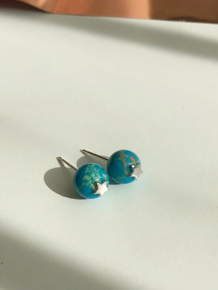 Sea blue Sediment Jasper Studs, classy handmade earrings for women