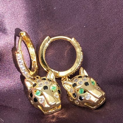 "Statement earrings" - Tiger Huggie Hoops, Green Zircons, Gold Hoop Earrings