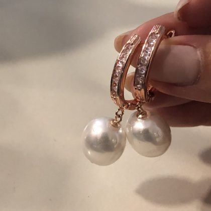 "Pearls and diamonds" White Freshwater Pearl Earrings, Rose Gold earrings with Zircons