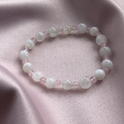White Moonstone Bracelet 6mm with faced rose quartz for women