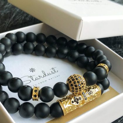 Black onyx mens bracelet set Matte gold zircon bracelet - Matte