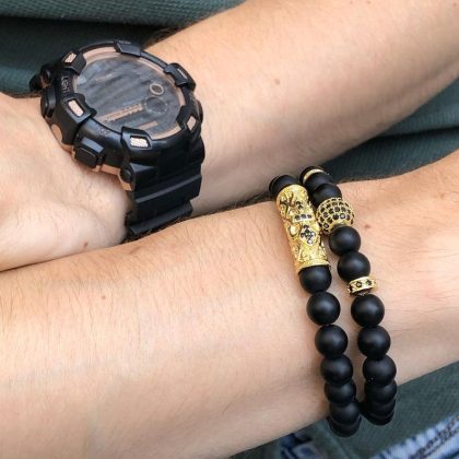Black onyx mens bracelet set Matte gold zircon bracelet - Matte