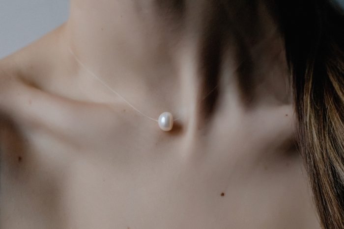 Genuine pearl choker on transparent cord, floating pearl pendant, single pearl necklace