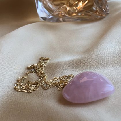 "Confession" - Pink Heart Rose Quartz Pendant - gold chain