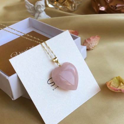 "Confession" - Pink Heart Rose Quartz Pendant - gold chain