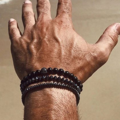 "Power" Tiger eye men bracelet set with hematite and lava stone