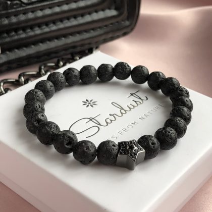"Black star" - Black lava stone bracelet with Black Zircon charm star for women