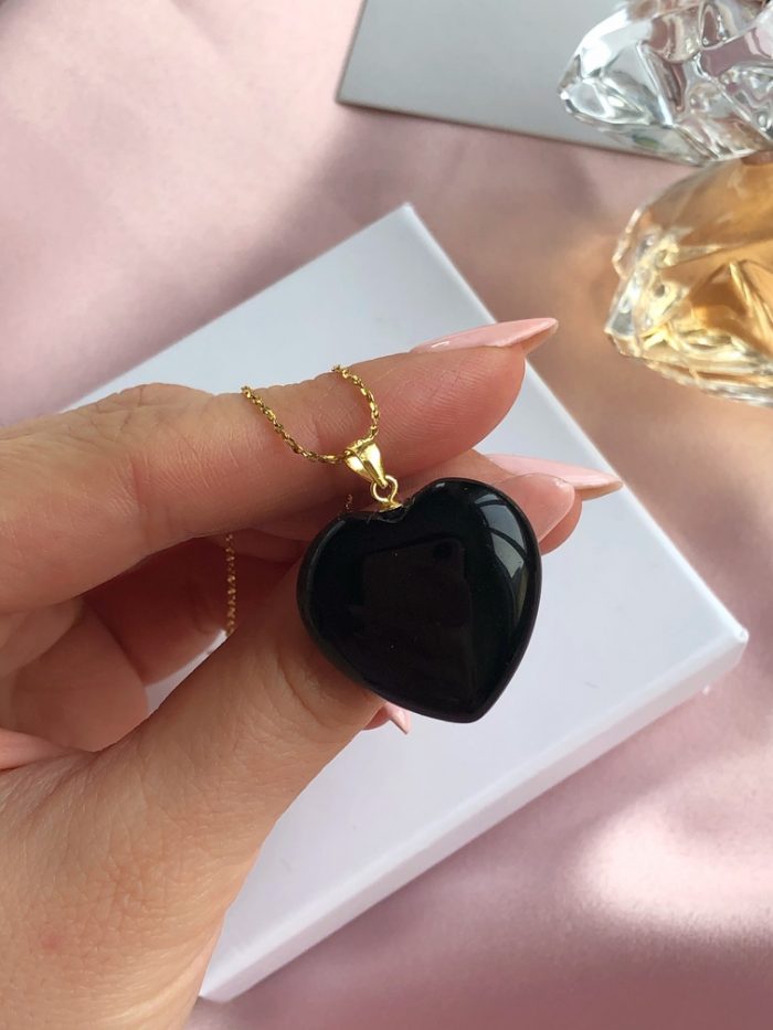 Obsidian heart necklace gold chain
