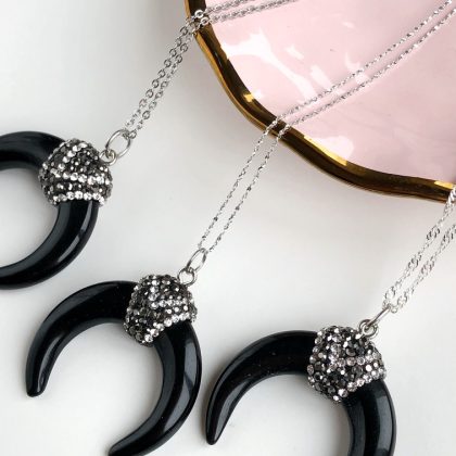 "Boho chic obsidian" - Black horn Obsidian pendant with zircons, obsidian pendant