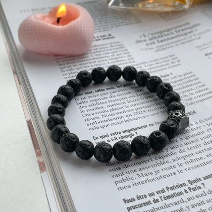"Black star" - Black Zircon star charm bracelet with lava stone, minimalist black bracelet, calming bracelet