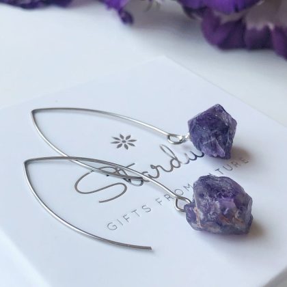 Raw Amethyst Hook Earrings, rough purple gemstone jewerly