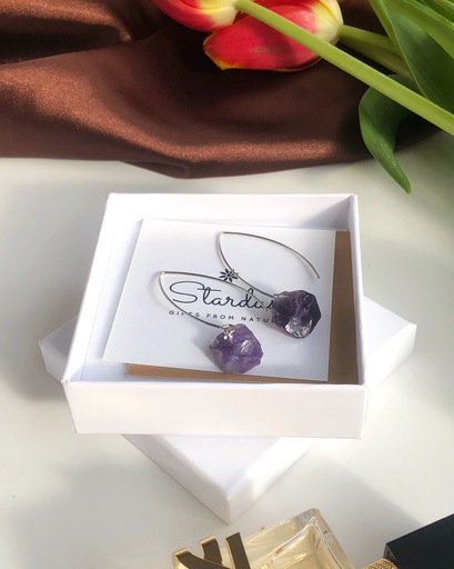 Raw Amethyst Hook Earrings, rough purple gemstone jewerly