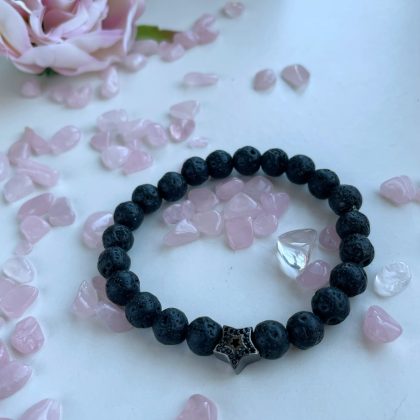 "Black star" - Black Zircon star charm bracelet with lava stone, minimalist black bracelet, calming bracelet