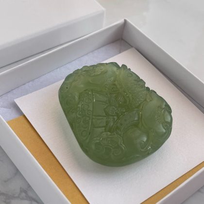 “Harmony” Chinese Milky Green Jade carved dragon pendant
