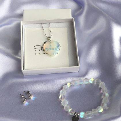 "Glowing" - Mermaid Glass Gift Set, Opalite jewelry for women, white matte bracelet, glowing heart pendant
